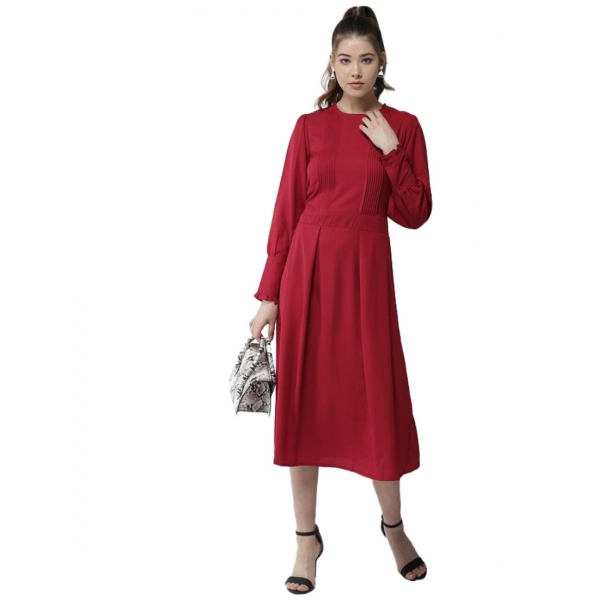 Dropship Women's Polyester Pintuck Long Sleeves Below Knee Dress (Red)