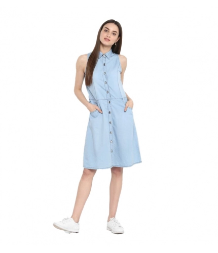 Women's Denim Solid Sleeveless Below Knee Dress (Blue)