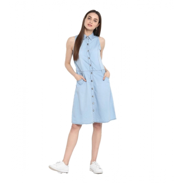 Dropship Women's Denim Solid Sleeveless Below Knee Dress (Blue)