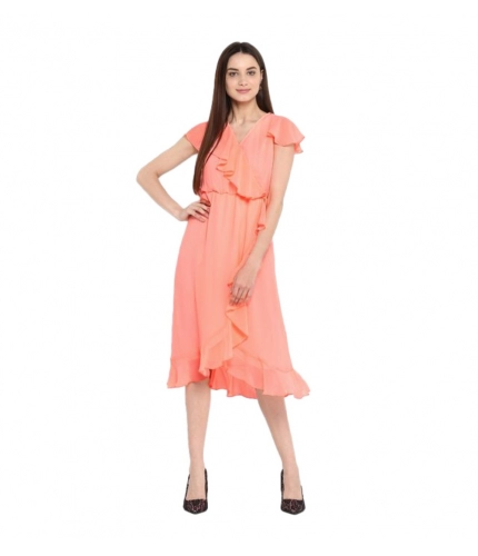 Women's Polyester Ruffled Cap Sleeve Below Knee Dress (Neon Pink)
