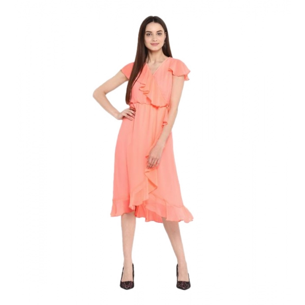 Dropship Women's Polyester Ruffled Cap Sleeve Below Knee Dress (Neon Pink)