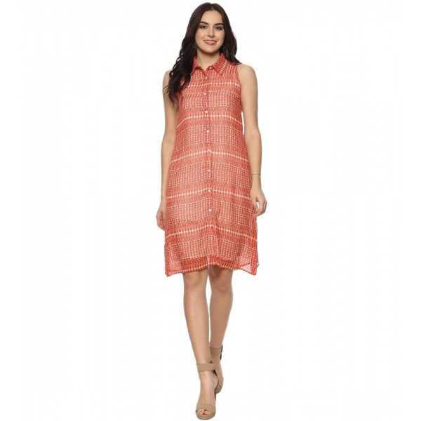 Dropship Women's Polyester Printed Sleeveless Above Knee Dress (Orange)