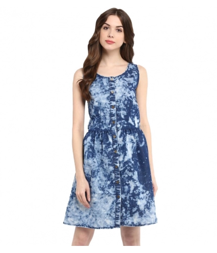 Women's Denim Tie &amp; Dye Sleeveless Above Knee Dress (Blue)