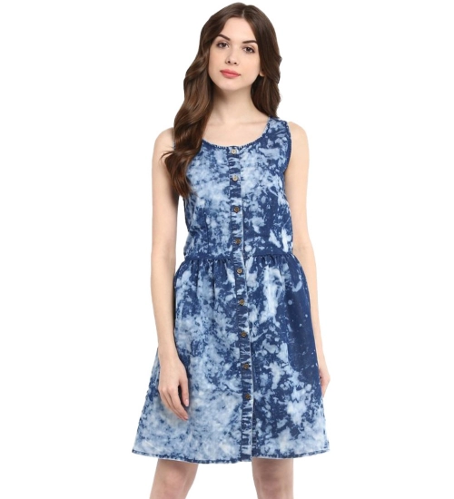 Women's Denim Tie & Dye Sleeveless Above Knee Dress (Blue)