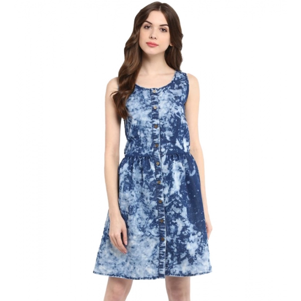 Dropship Women's Denim Tie &amp; Dye Sleeveless Above Knee Dress (Blue)