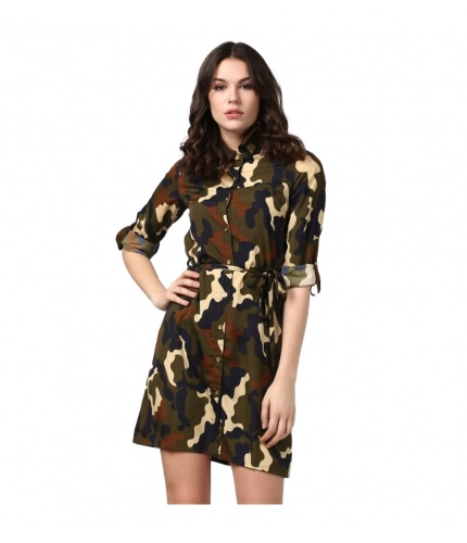Women's Polyester Printed Roll Up Sleeve Tunic Top (Green - Black)
