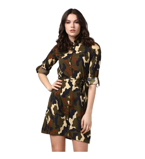 Women's Polyester Printed Roll Up Sleeve Tunic Top (Green - Black)
