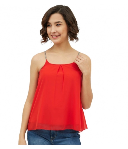Women's Polyester Embellished Shoulder Straps Top (Red)