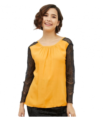 Women's Rayon Lace Inserts Long Sleeves Top (Yellow)