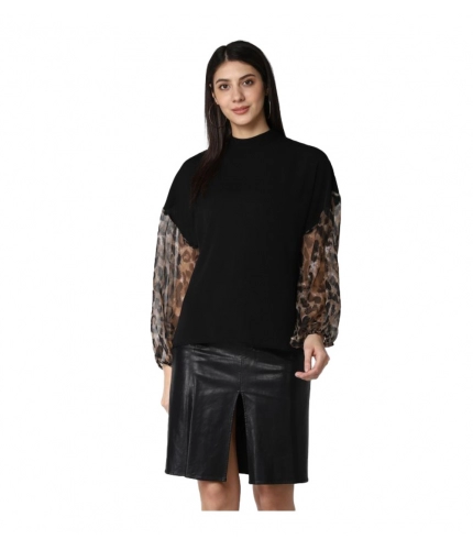 Women's Polyester Animal Print Long Sleeves Top (Black)