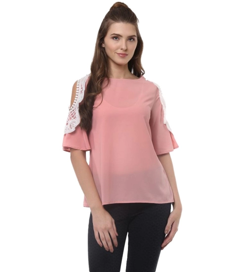 Women's Polyester Lace Inserts Half Sleeve Top (Pink)