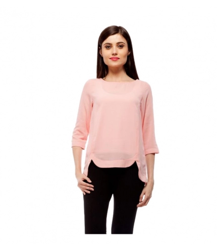 Women's Polyester Solid 3-4th Sleeves Regular Top (Peach)