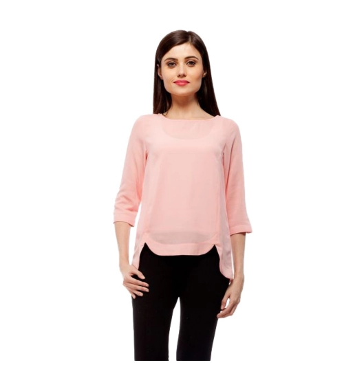 Women's Polyester Solid 3-4th Sleeves Regular Top (Peach)