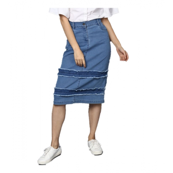 Dropship Women's Denim Washed Buttoned Skirt (Blue)