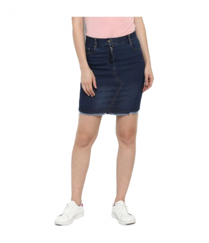 Women's Denim Stitching Pattern Buttoned Skirt (Blue)