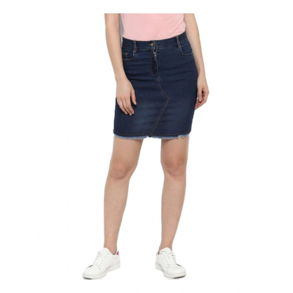 Dropship Women's Denim Stitching Pattern Buttoned Skirt (Blue)