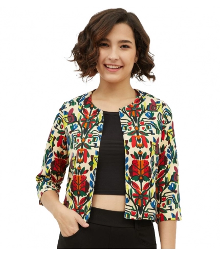 Women's Polyester Floral 3-4th Sleeves Shrug (Multicolor)