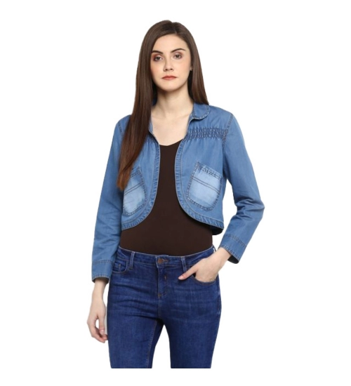 Women's Denim Smocking 3-4th Sleeves Shrug (Blue)