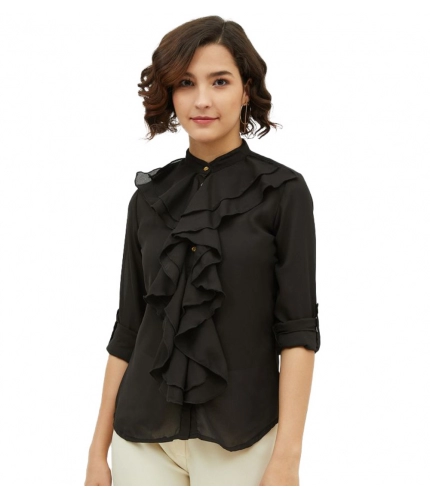 Women's Polyester Ruffled Long Sleeves Standard Length Shirt (Black)