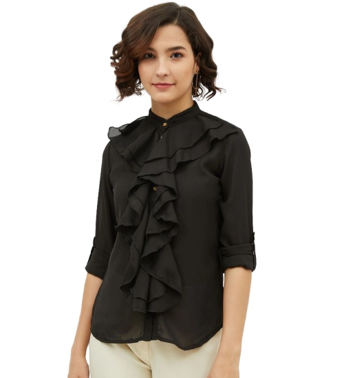 Women's Polyester Ruffled Long Sleeves Standard Length Shirt (Black)