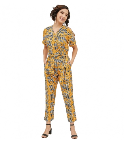 Women's Polyester Printed Half Sleeve Long Jumpsuit (Yellow)