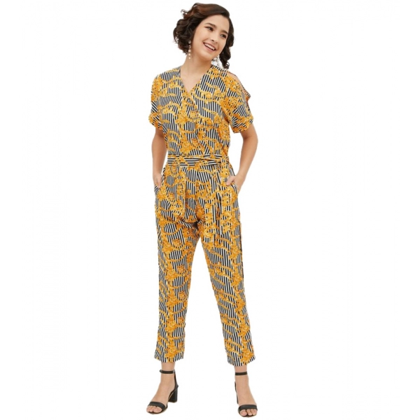Dropship Women's Polyester Printed Half Sleeve Long Jumpsuit (Yellow)