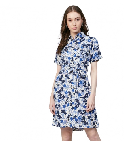 Women's Polyester Floral Short Sleeve Above Knee Dress (Blue - White)
