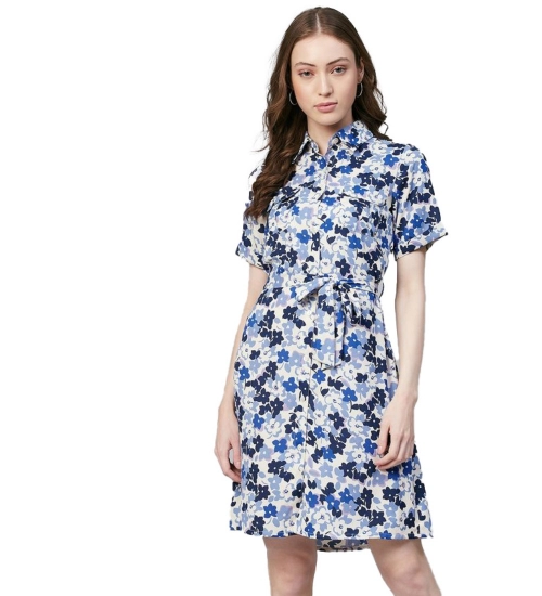 Women's Polyester Floral Short Sleeve Above Knee Dress (Blue - White)