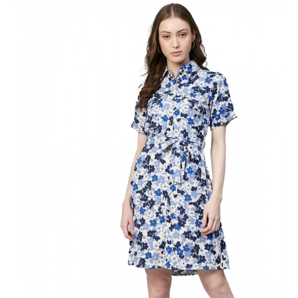 Dropship Women's Polyester Floral Short Sleeve Above Knee Dress (Blue - White)