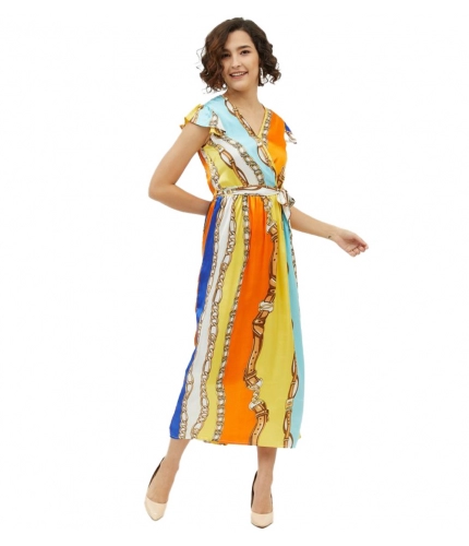Women's Satin Chain Print Cap Sleeve Calf-length Dress (Multicolor)