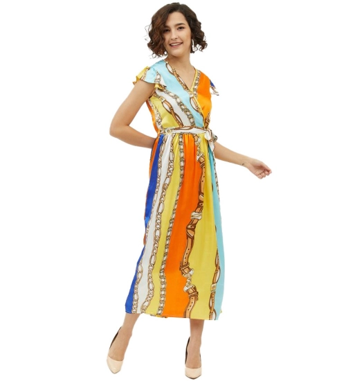 Women's Satin Chain Print Cap Sleeve Calf-length Dress (Multicolor)