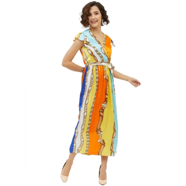 Dropship Women's Satin Chain Print Cap Sleeve Calf-length Dress (Multicolor)
