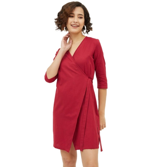 Women's Cotton Wrap 3-4th Sleeves Above Knee Dress (Maroon)