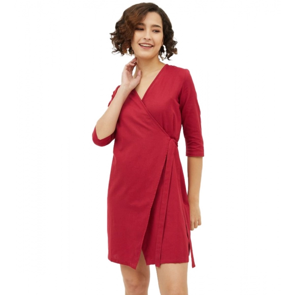 Dropship Women's Cotton Wrap 3-4th Sleeves Above Knee Dress (Maroon)