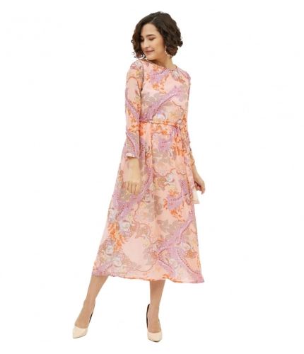Women's Polyester Printed Long Sleeves Calf-length Dress (Multicolor)