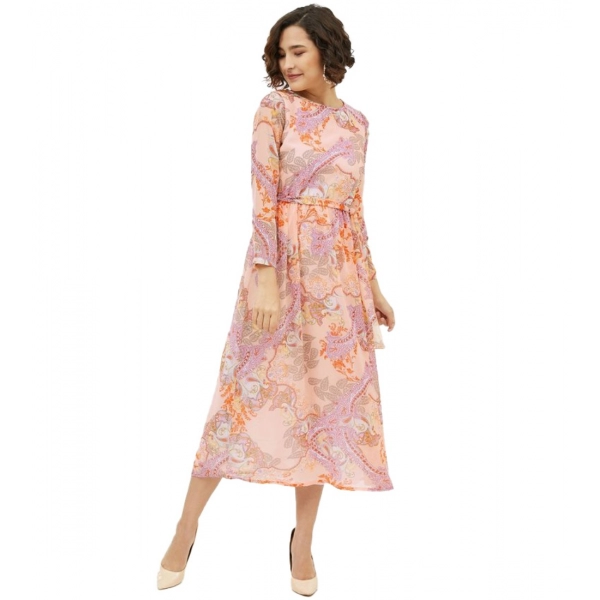 Dropship Women's Polyester Printed Long Sleeves Calf-length Dress (Multicolor)