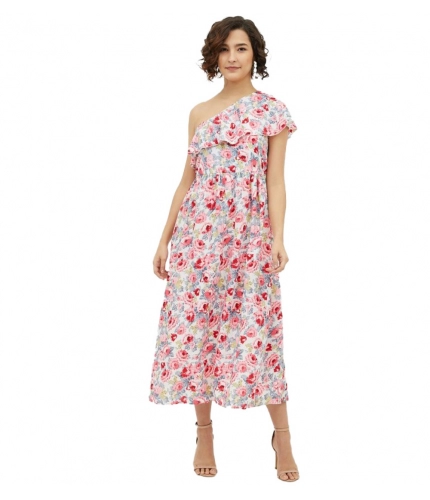 Women's Polyester Floral One Shoulder Calf-length Dress (Multicolor)