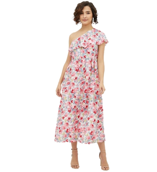 Women's Polyester Floral One Shoulder Calf-length Dress (Multicolor)