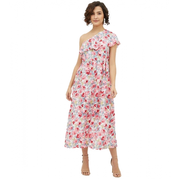 Dropship Women's Polyester Floral One Shoulder Calf-length Dress (Multicolor)