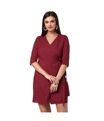 Women's Cotton Solid 3-4th Sleeves Above Knee Dress (Maroon)