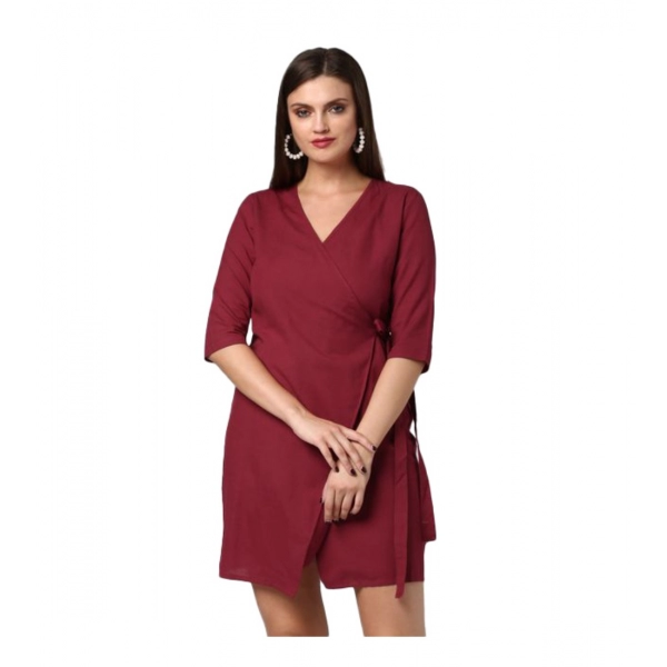 Dropship Women's Cotton Solid 3-4th Sleeves Above Knee Dress (Maroon)