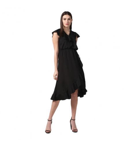 Women's Polyester Ruffled Cap Sleeve Knee-Length Dress (Black)