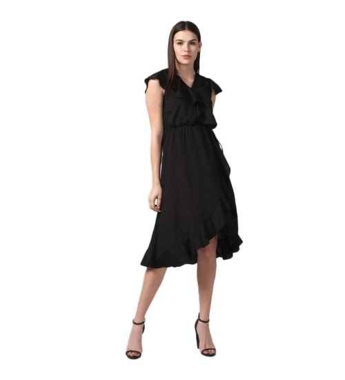 Women's Polyester Ruffled Cap Sleeve Knee-Length Dress (Black)
