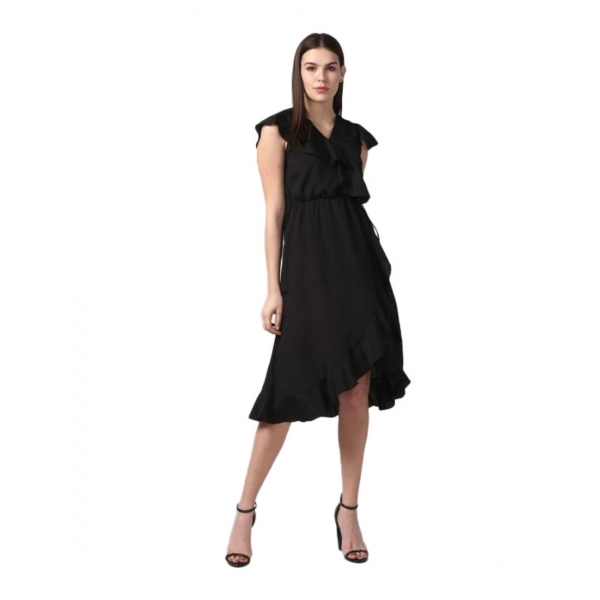 Dropship Women's Polyester Ruffled Cap Sleeve Knee-Length Dress (Black)