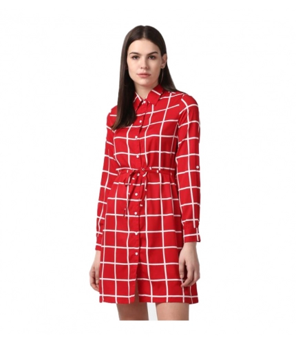 Women's Polyester Checkered Long Sleeves Above Knee Dress (Red)