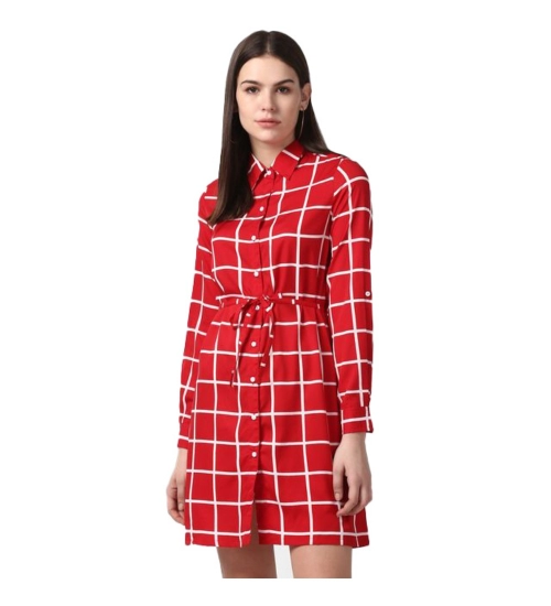 Women's Polyester Checkered Long Sleeves Above Knee Dress (Red)