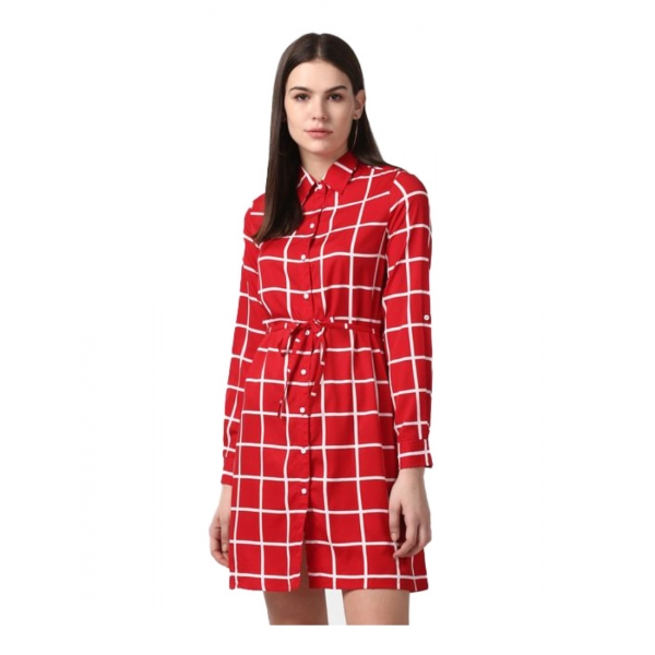 Dropship Women's Polyester Checkered Long Sleeves Above Knee Dress (Red)