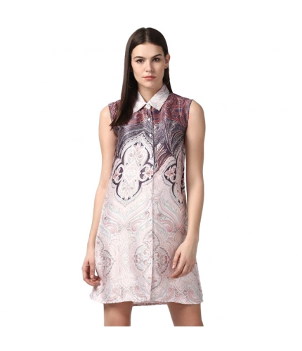 Women's Polyester Printed Sleeveless Above Knee Dress (Orange)