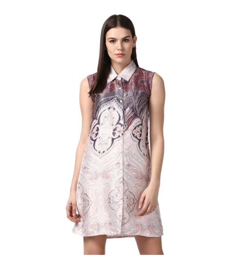 Women's Polyester Printed Sleeveless Above Knee Dress (Orange)