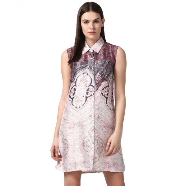 Dropship Women's Polyester Printed Sleeveless Above Knee Dress (Orange)